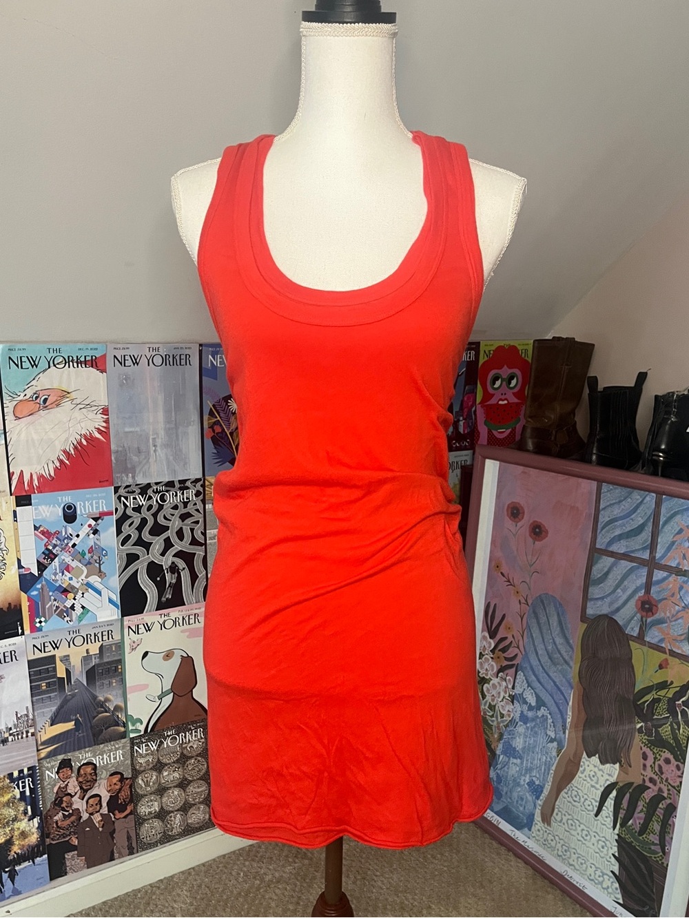 Enza Costa Red Sleeveless Double-Lined Scoop-Neck Tank Dress 100% Pima Cotton